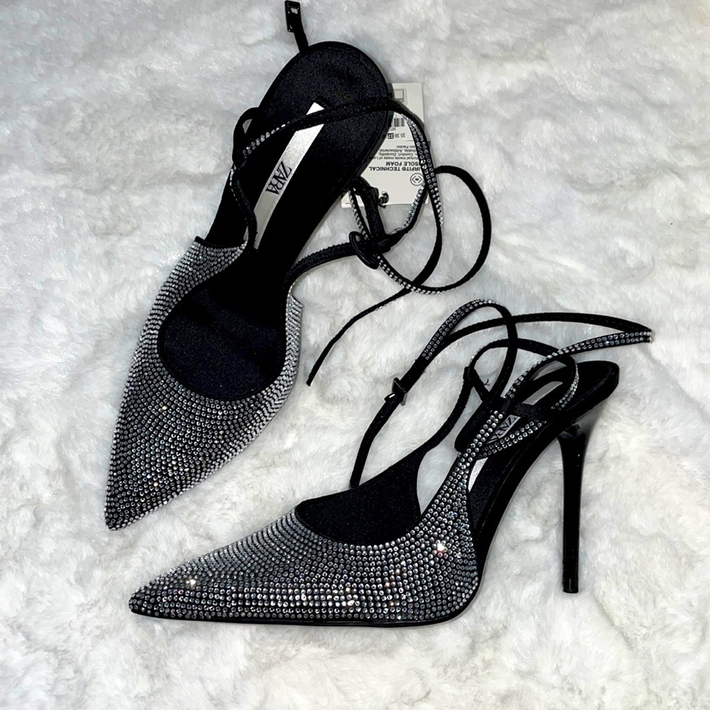 NWT Zara rhinestone open back pointy toe heels